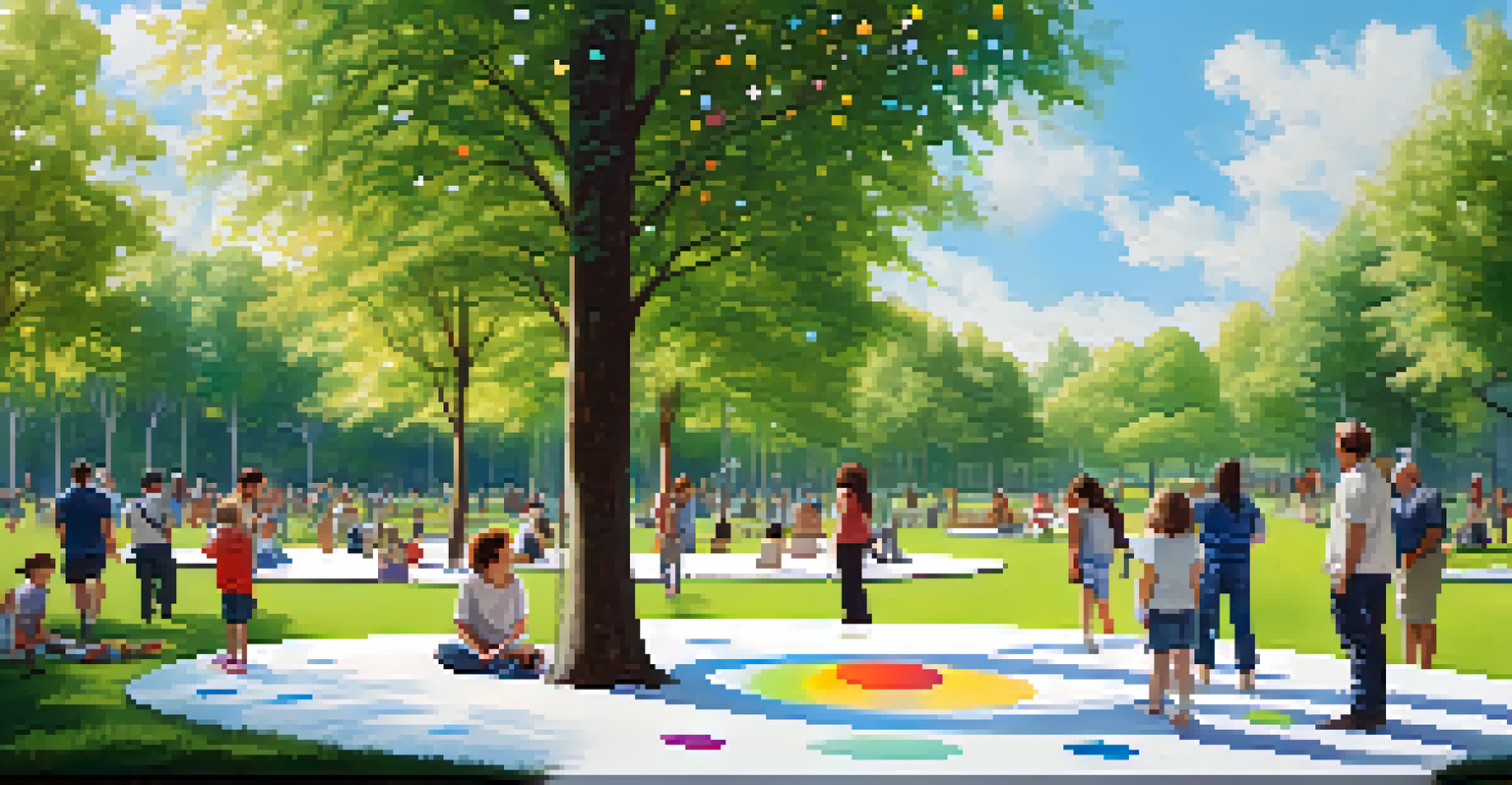 An interactive public art installation in a park with people adding colorful dots to a large canvas surrounded by trees and a blue sky.