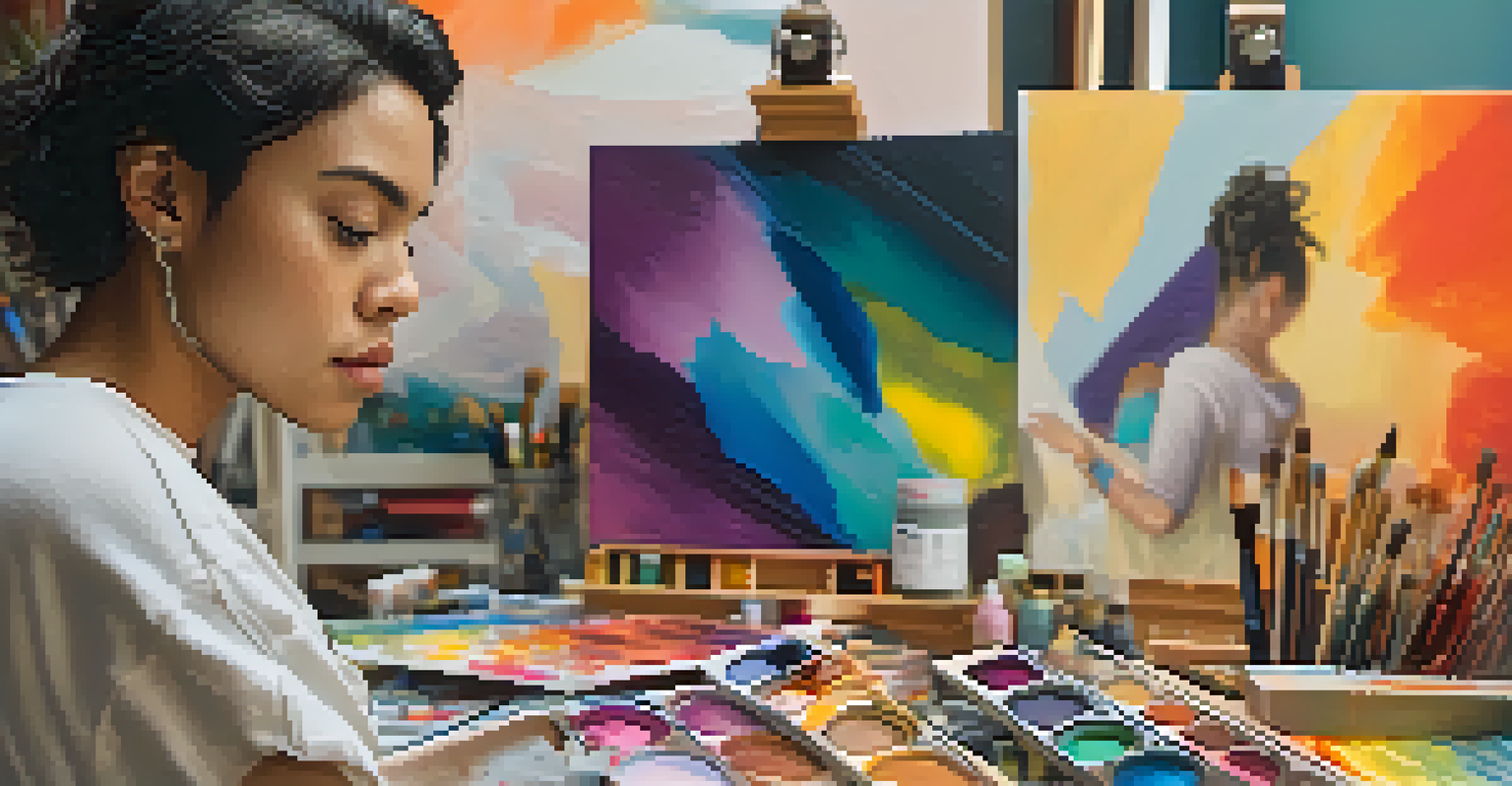 A non-binary artist painting in their studio, with colorful canvases and art supplies around them, illuminated by soft natural light.