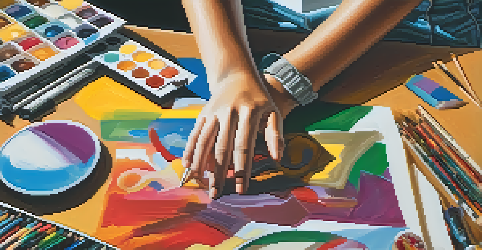 A close-up of a student's hands working on an artwork focused on social justice, with vibrant colors and art supplies around.