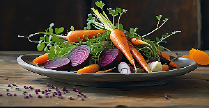 A colorful dish of roasted root vegetables arranged on a wooden table, garnished with microgreens and edible flowers, with soft natural lighting.