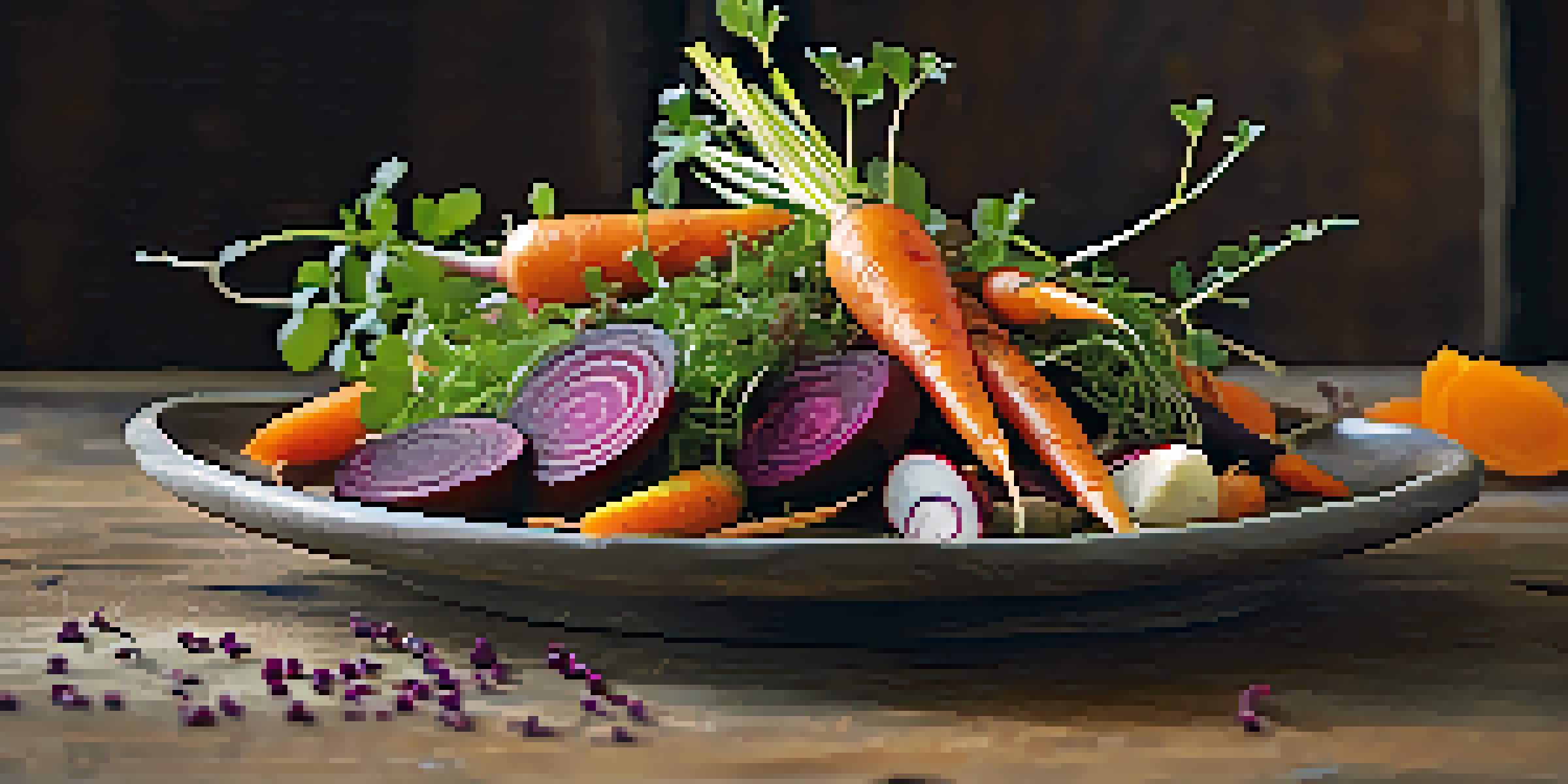 A colorful dish of roasted root vegetables arranged on a wooden table, garnished with microgreens and edible flowers, with soft natural lighting.