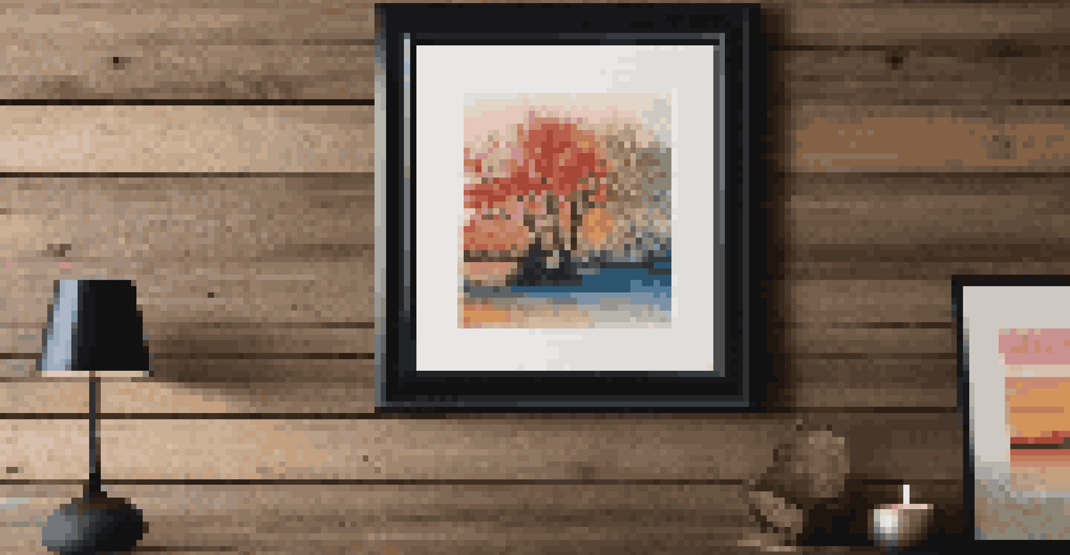 A collection of colorful screen prints displayed on a rustic wooden wall in warm evening light.