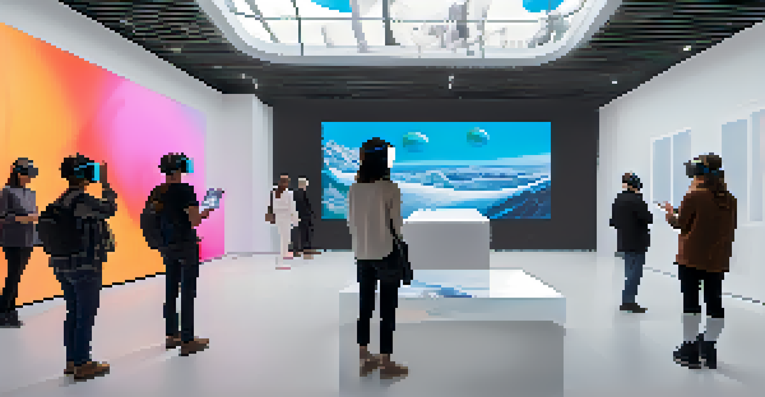 A modern exhibition space featuring virtual reality art displays, with visitors interacting with installations and watching dynamic visuals on large screens.