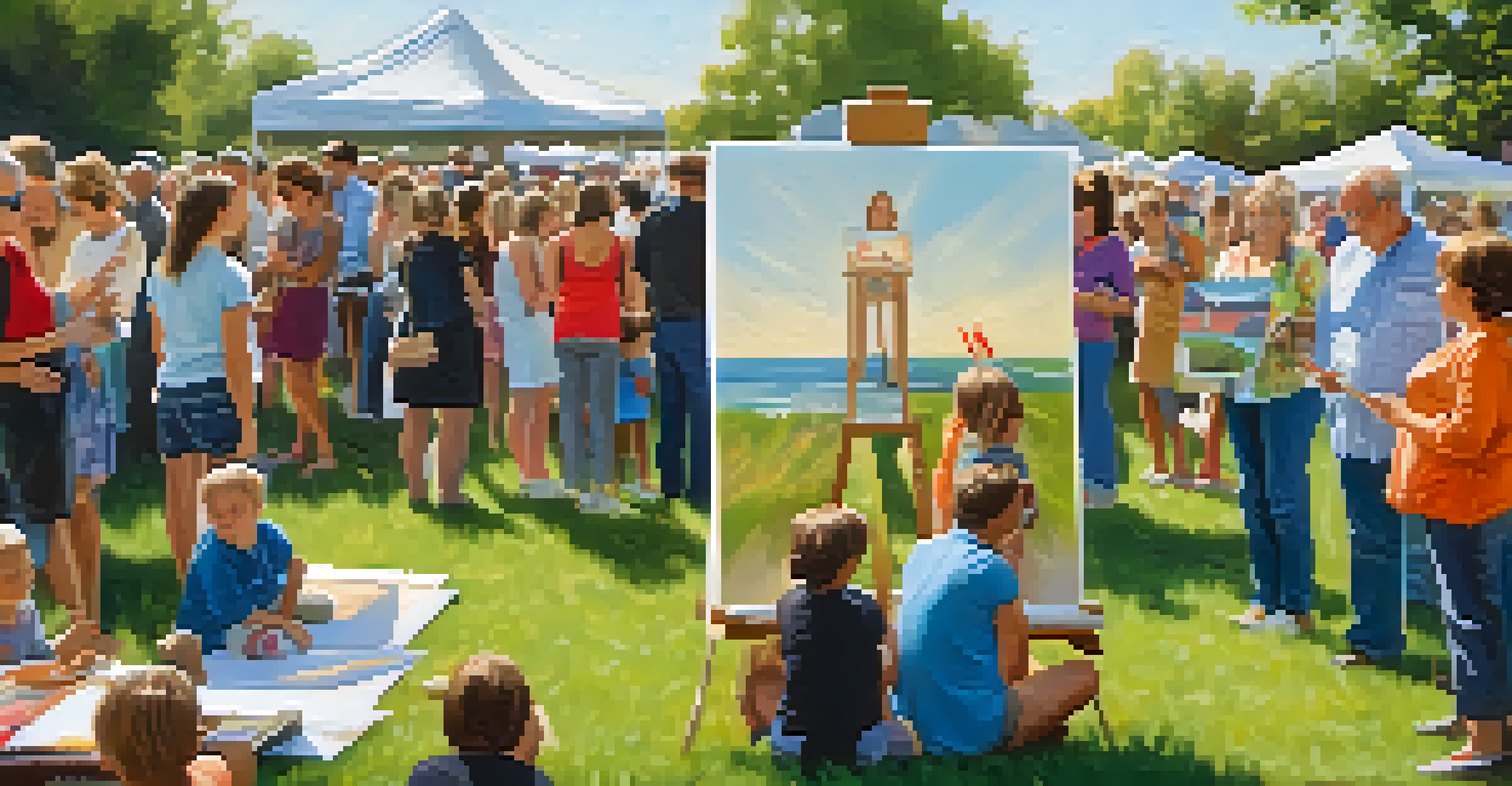 An artist demonstrates painting techniques at an art fair, with a diverse audience watching, bright natural light highlighting the scene.