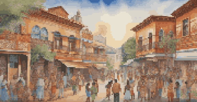 A colorful mural showcasing community history and cultural heritage with traditional patterns and people participating in cultural activities.