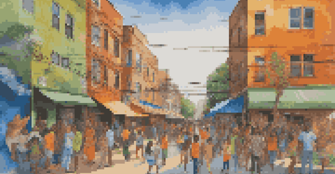 A colorful street mural featuring people of various ethnicities engaged in art, with bright colors and intricate patterns.