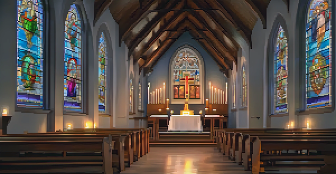 A peaceful church interior with colorful stained glass windows illuminating a wooden altar and flickering candles.