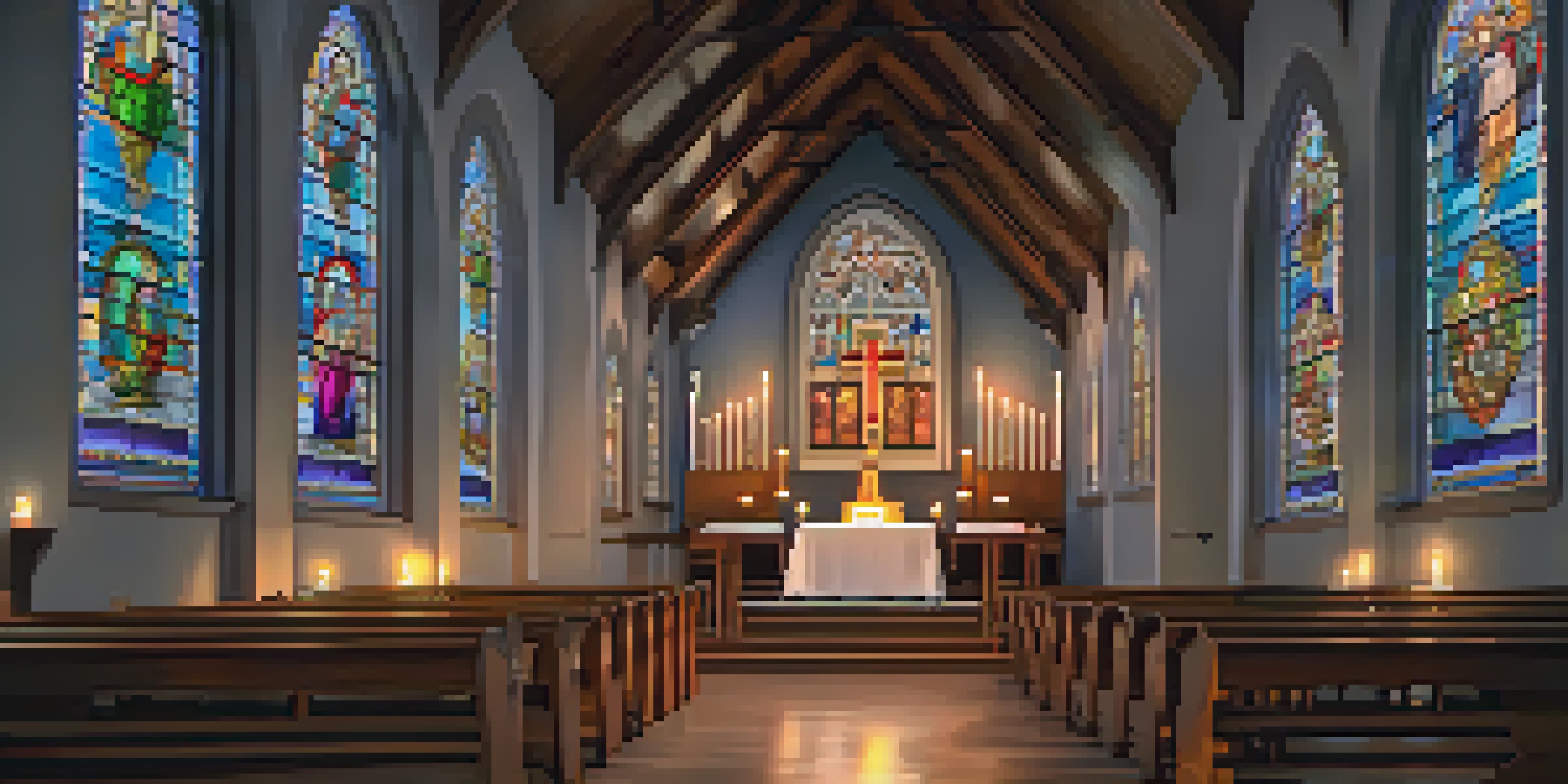 A peaceful church interior with colorful stained glass windows illuminating a wooden altar and flickering candles.