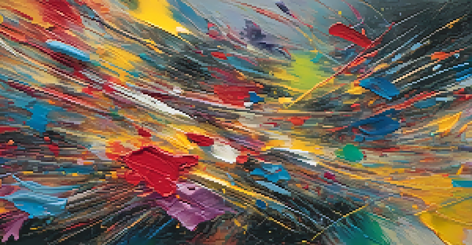 An abstract expressionist painting displayed in a gallery, featuring vibrant colors and dynamic brushstrokes.