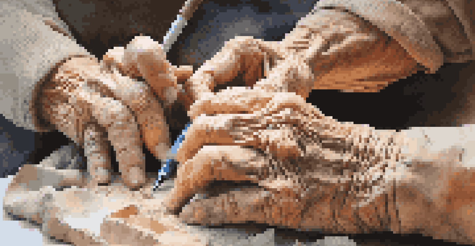 Close-up of a senior's hands sculpting clay, surrounded by art supplies, with warm ambient lighting.
