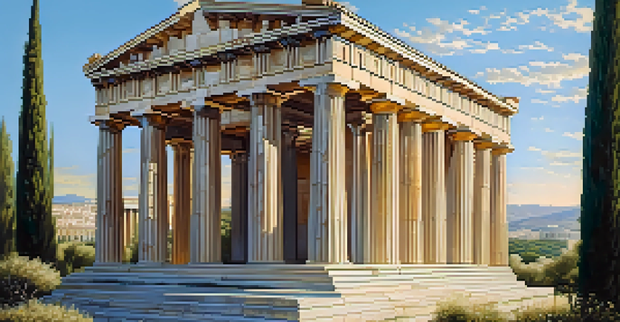 A picturesque view of the Parthenon with olive trees and a clear blue sky, illuminated by sunlight.