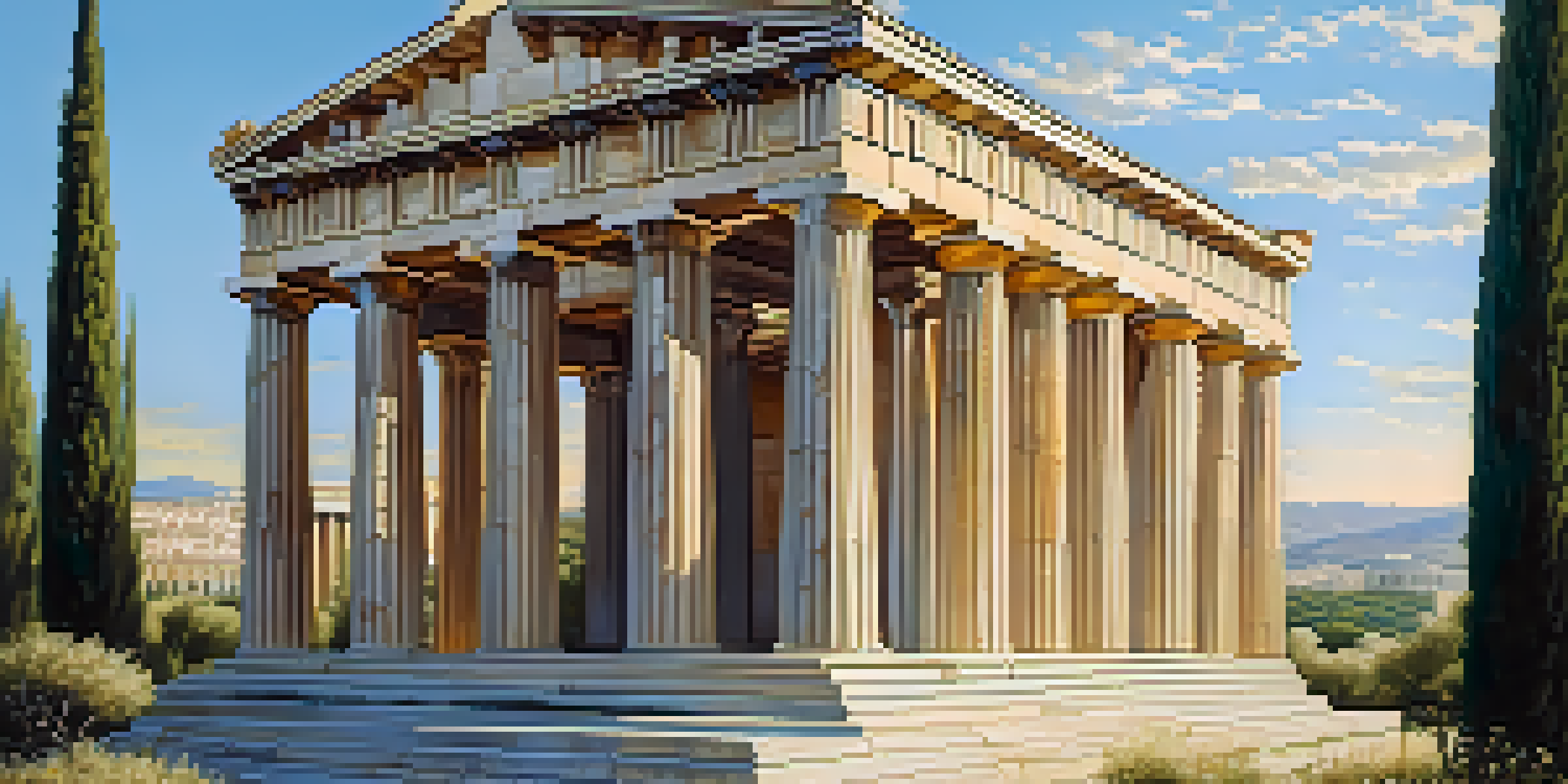 A picturesque view of the Parthenon with olive trees and a clear blue sky, illuminated by sunlight.