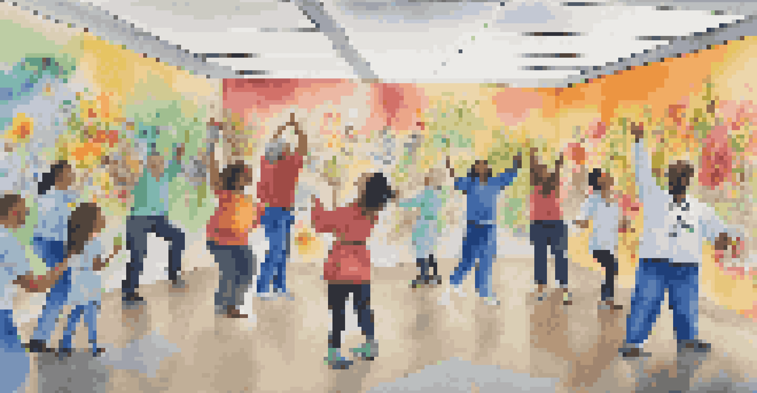 Healthcare workers collaborating on a colorful mural, promoting teamwork and creativity.