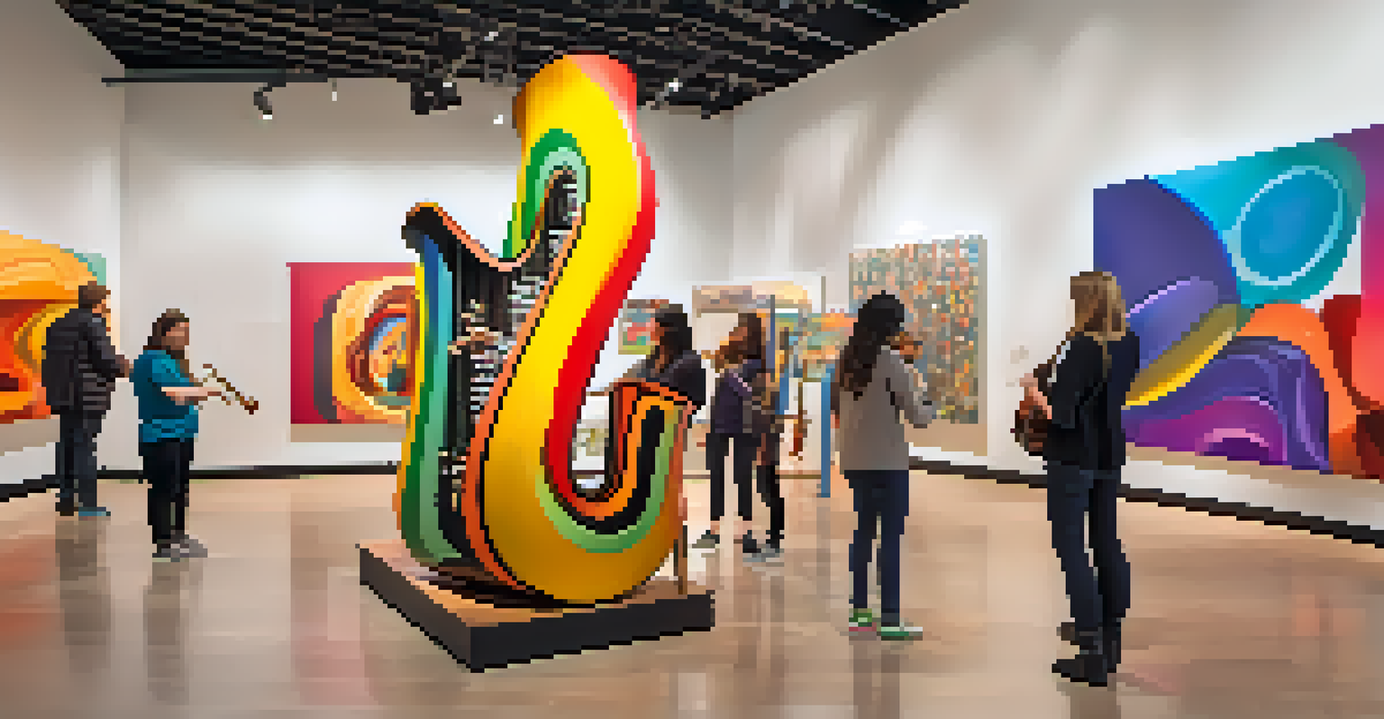 An interactive art installation with colorful sculptures and visitors playing musical instruments, creating a lively atmosphere.