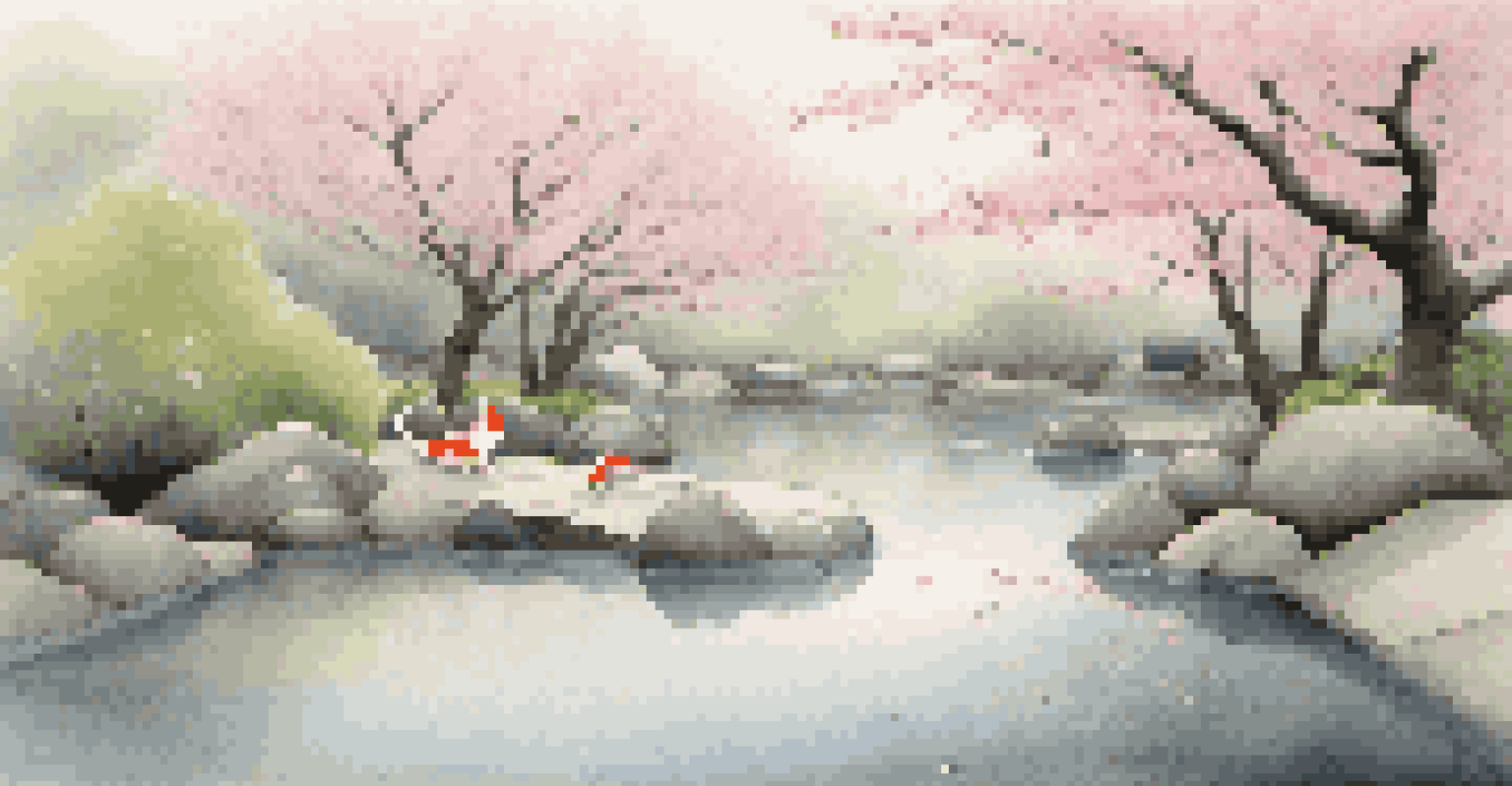 A peaceful Zen garden in Japan with raked gravel, koi pond, and cherry blossom trees.