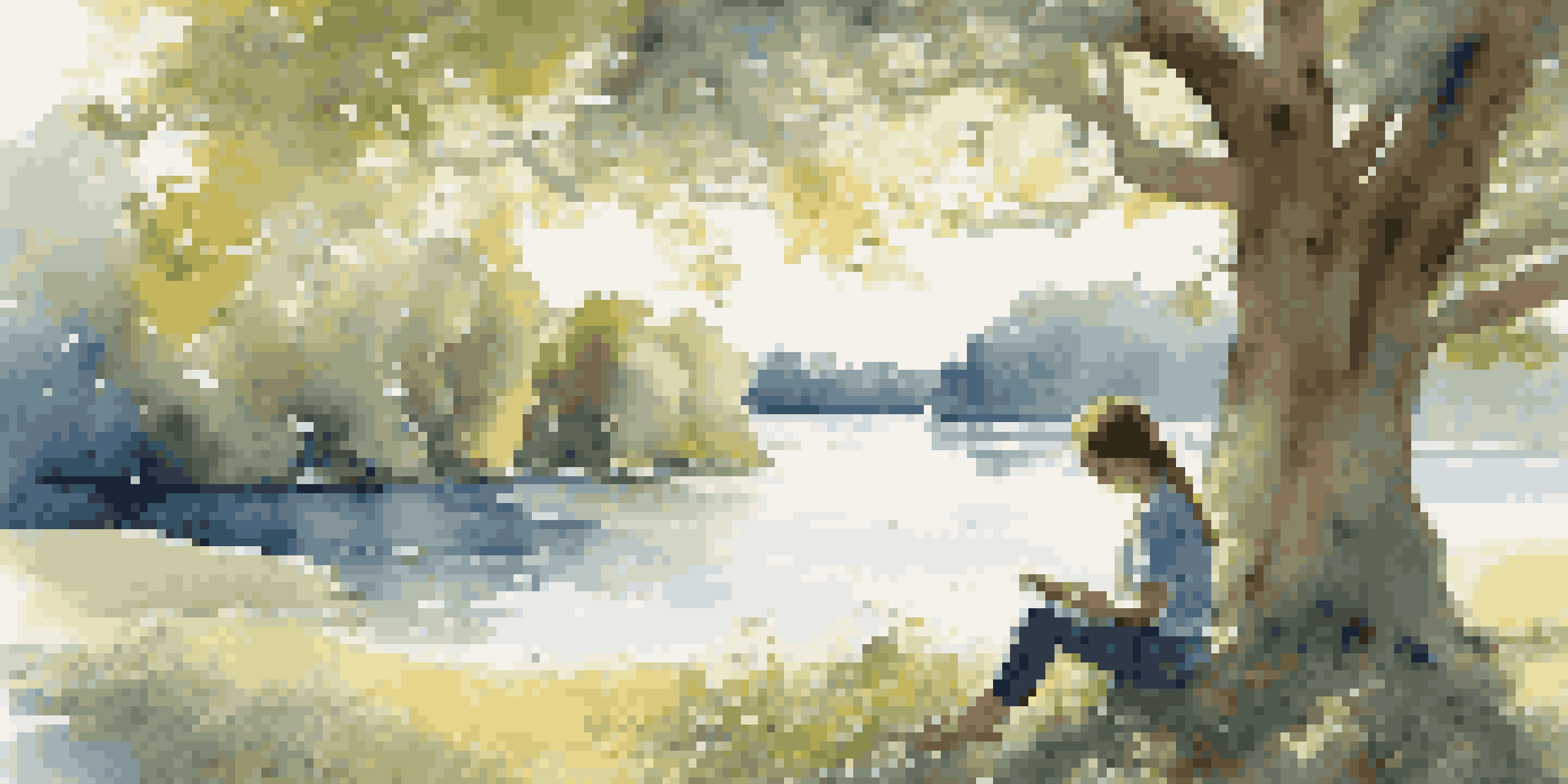 A young artist sketching under a tree, surrounded by wildflowers and a calm lake, with sunlight creating dappled patterns on the ground.
