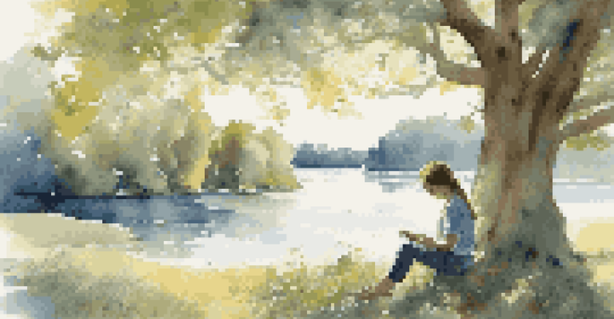 A young artist sketching under a tree, surrounded by wildflowers and a calm lake, with sunlight creating dappled patterns on the ground.