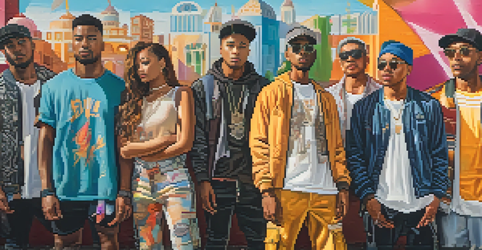 A diverse group of individuals in stylish streetwear standing in front of a colorful mural under warm sunlight.