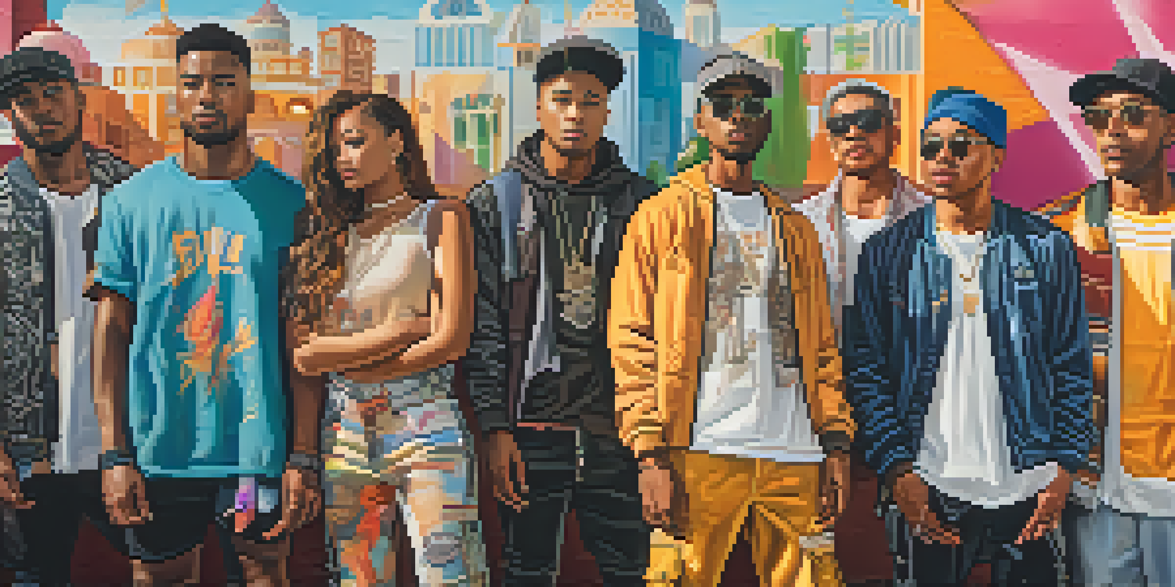A diverse group of individuals in stylish streetwear standing in front of a colorful mural under warm sunlight.