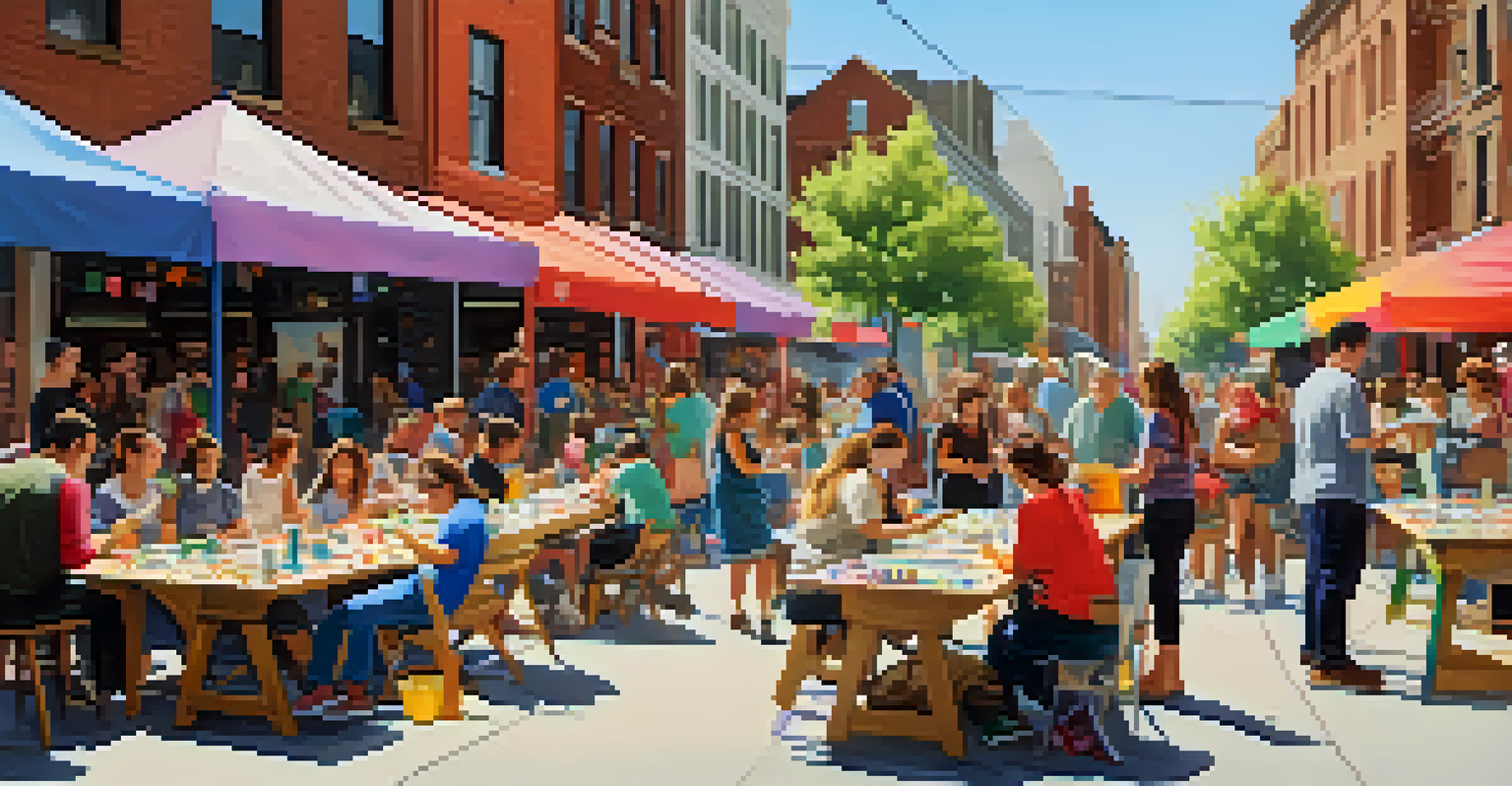 A lively outdoor community art workshop with people painting and crafting in an urban space.