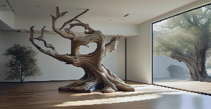 A textured sculpture of an aging tree in a softly lit art installation, showcasing the beauty of aging.