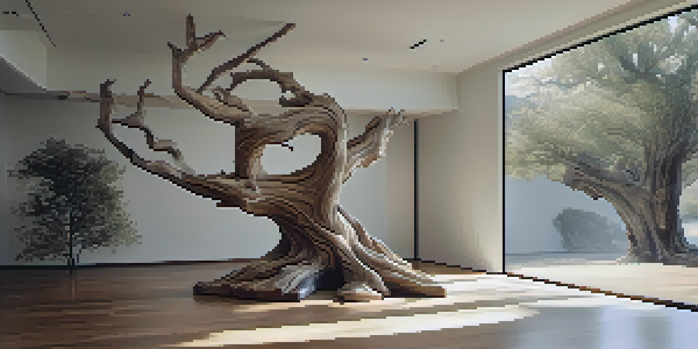 A textured sculpture of an aging tree in a softly lit art installation, showcasing the beauty of aging.
