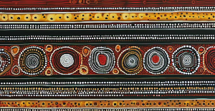 A detailed close-up of an Aboriginal dot painting with vibrant colors and intricate patterns on a wooden background.