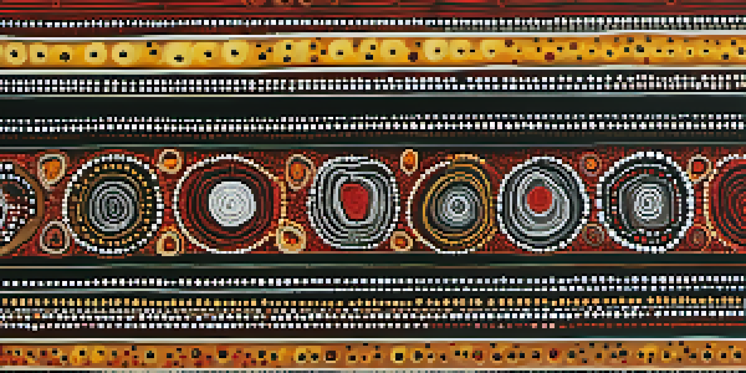 A detailed close-up of an Aboriginal dot painting with vibrant colors and intricate patterns on a wooden background.