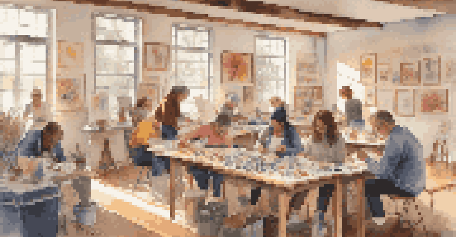 A workshop space filled with people of different ages creating art together, surrounded by colorful supplies and previous artworks on the walls.