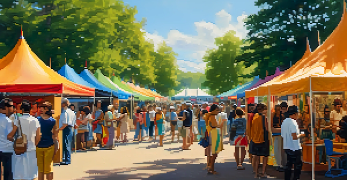 A lively art festival with diverse artists and colorful artworks in a sunny park.