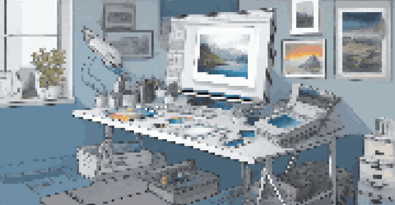 A modern digital art studio workspace with technology and art reproductions on display.