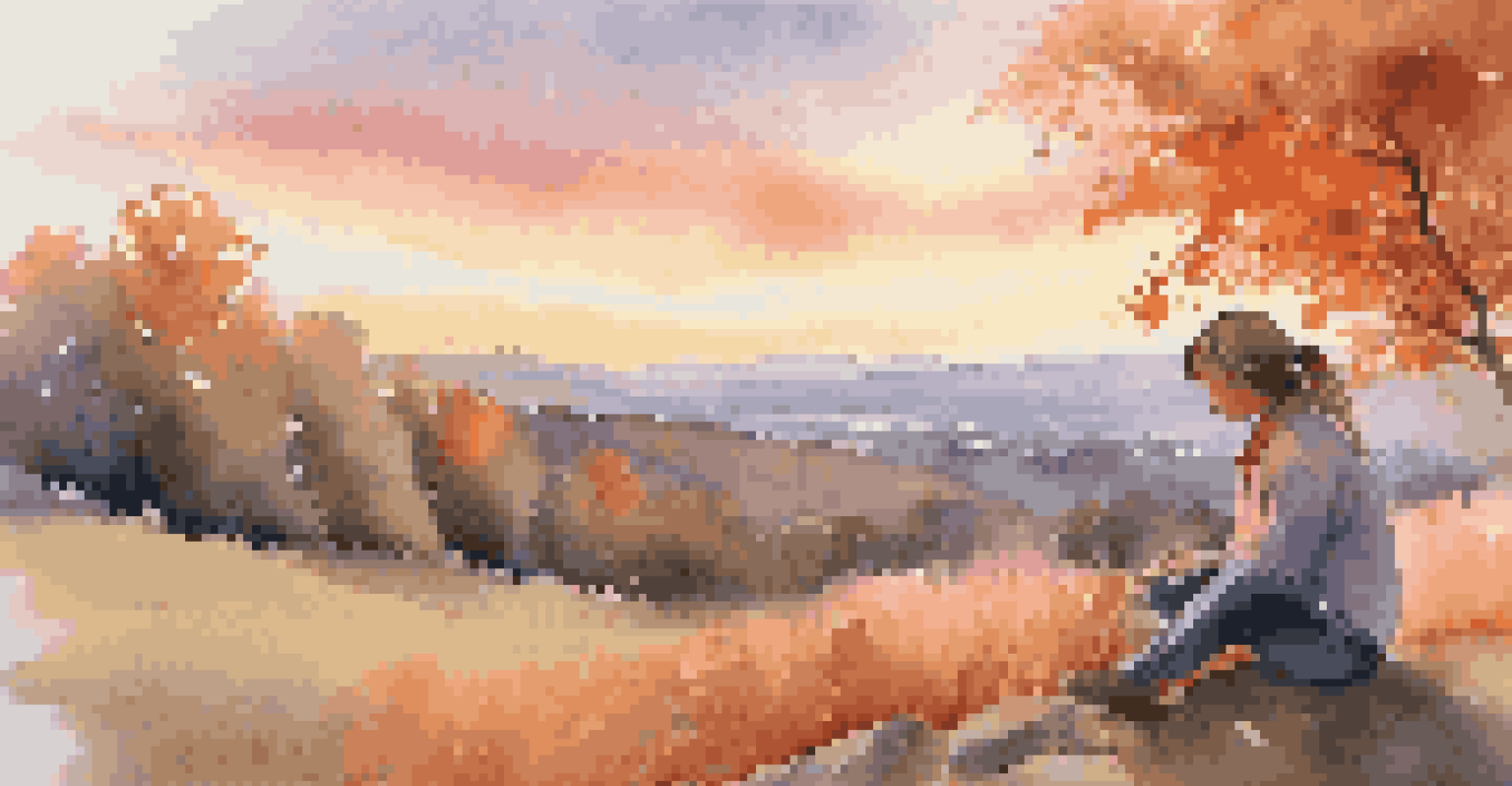 A young artist painting a sunset landscape on a hillside, immersed in their creative process.