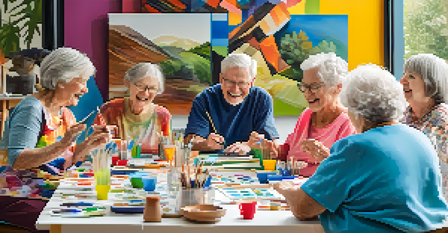 A lively group of older adults participating in a collaborative art workshop, surrounded by colorful paintings and natural light.