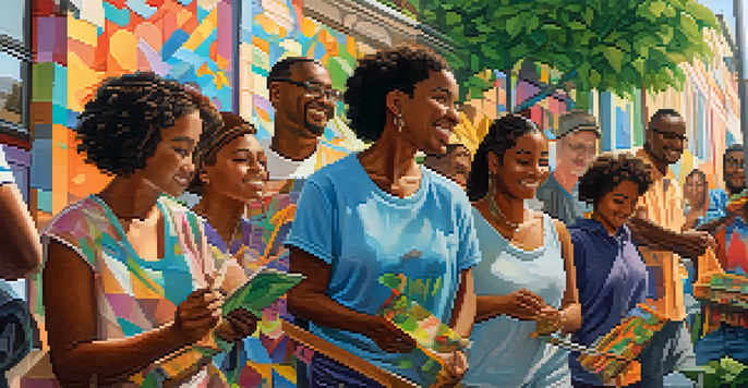 A group of diverse people collaborating on a colorful mural in an urban environment, showcasing themes of unity and community.