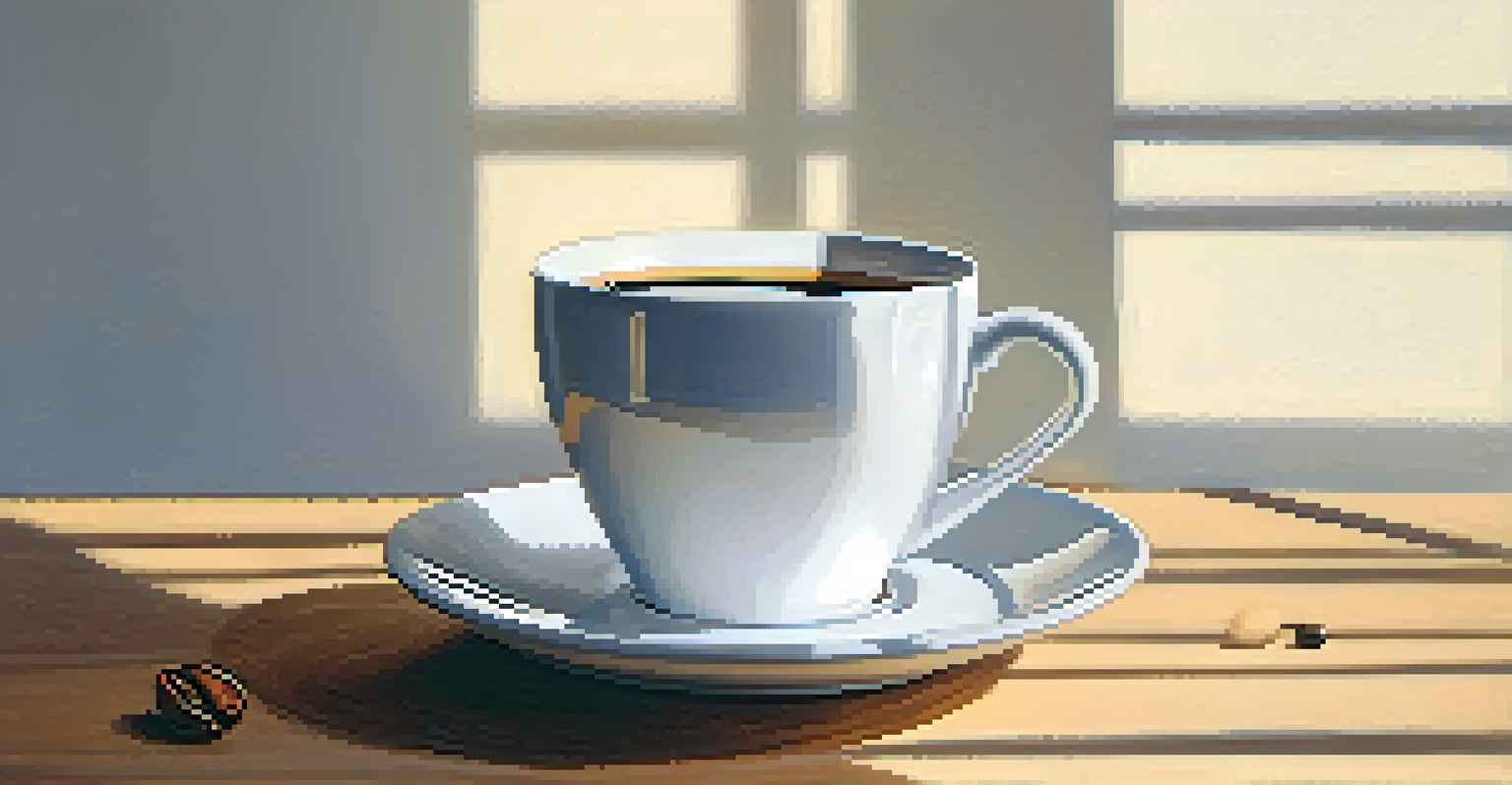 A white coffee cup on a light wooden table with a single coffee bean beside it, illuminated by soft morning light.