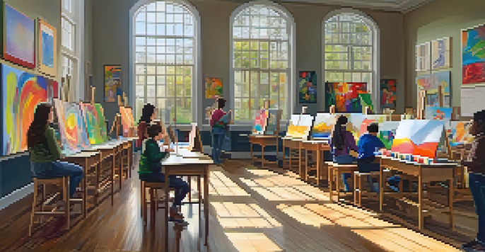 A bright art classroom with students painting on easels, surrounded by colorful artworks on the walls and natural light coming through windows.