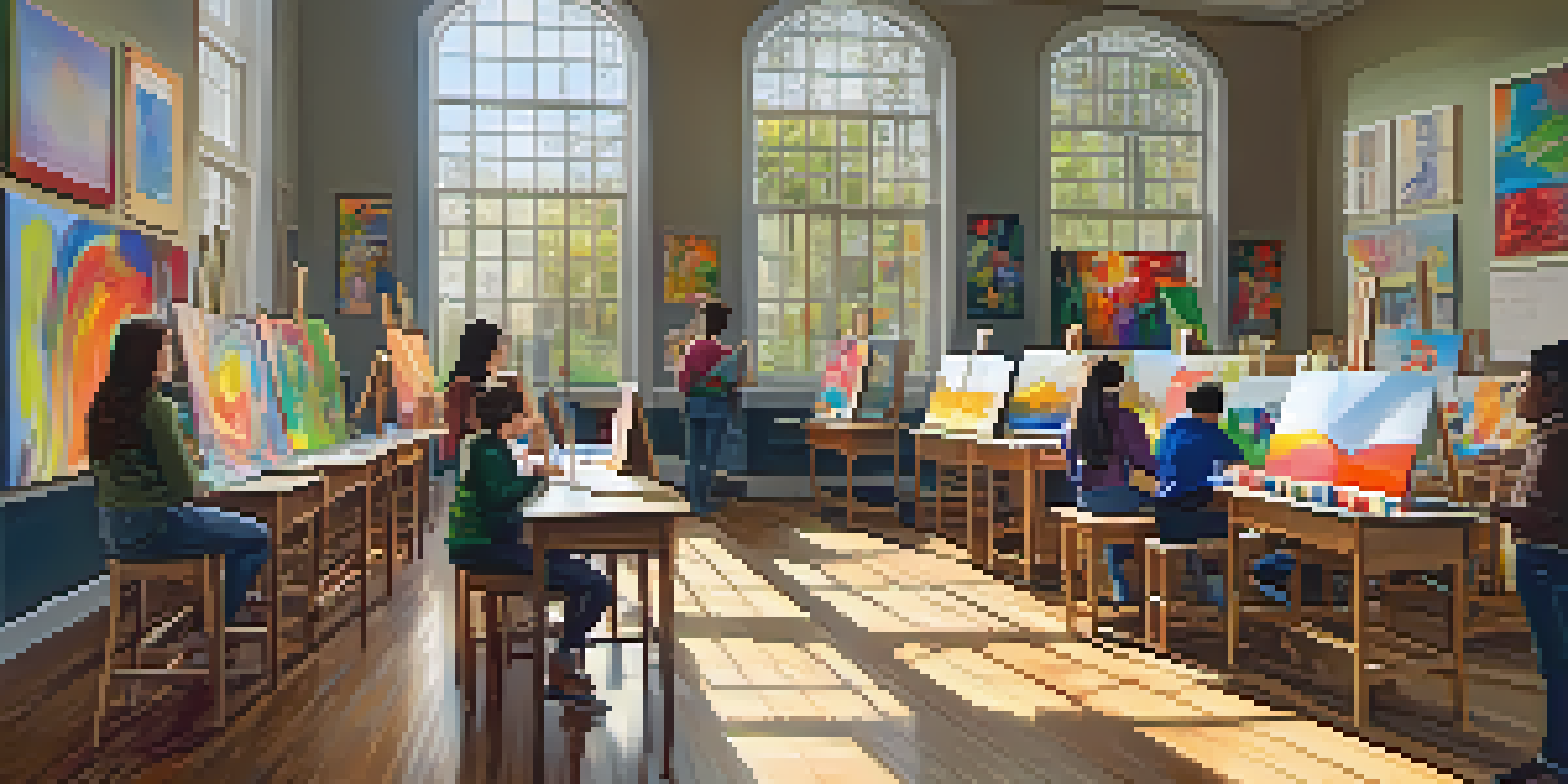A bright art classroom with students painting on easels, surrounded by colorful artworks on the walls and natural light coming through windows.