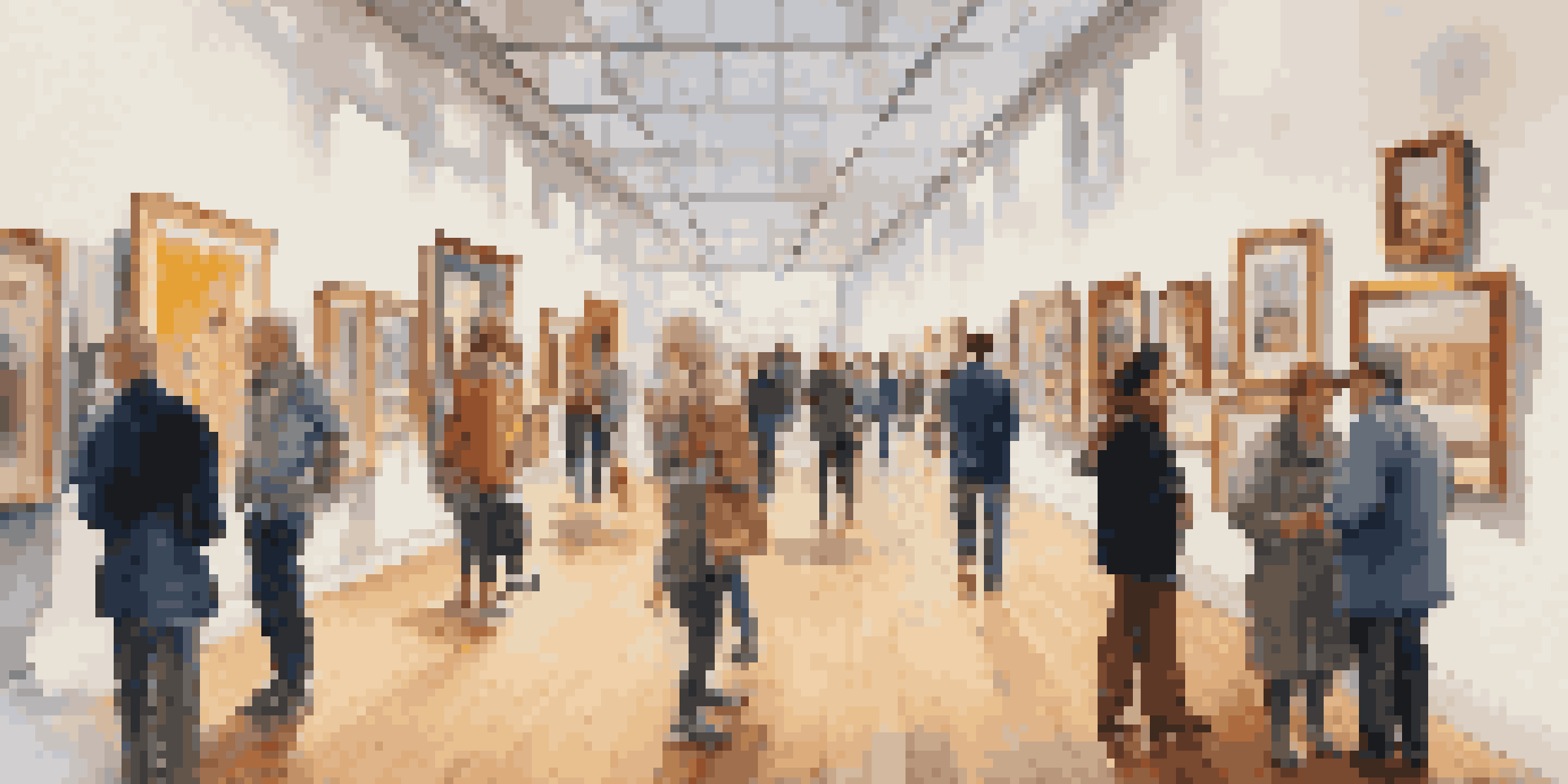 An interior view of a lively art gallery with diverse artworks on the walls and visitors admiring the pieces.