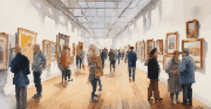 An interior view of a lively art gallery with diverse artworks on the walls and visitors admiring the pieces.