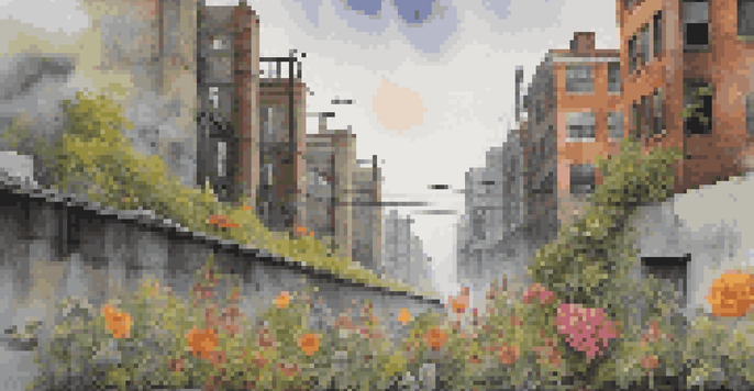 A colorful mural showing flowers and greenery struggling against a backdrop of pollution and industrial buildings, illuminated by soft sunlight.