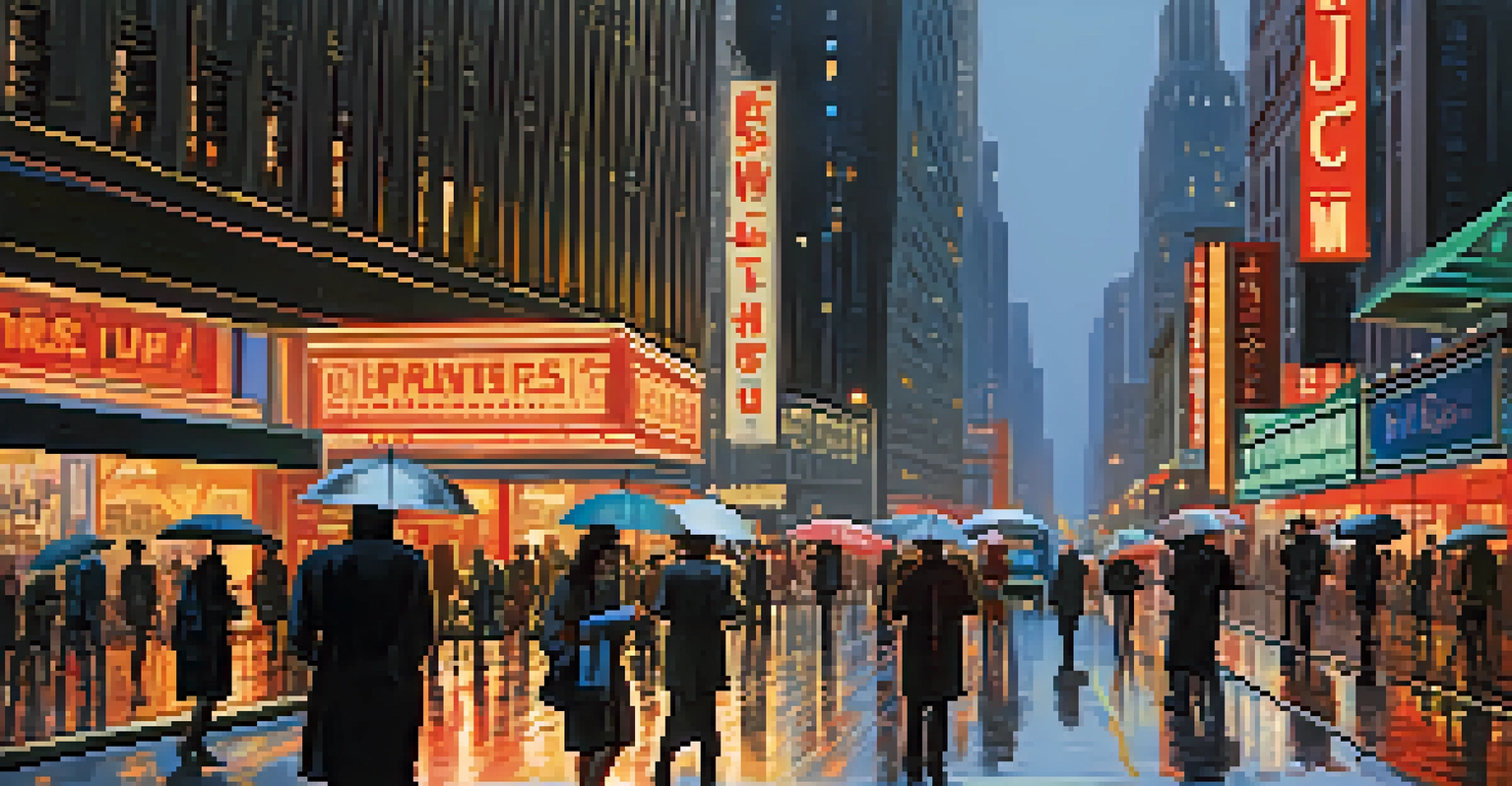 A lively city street at twilight with neon signs, wet pavement, and people walking under umbrellas.