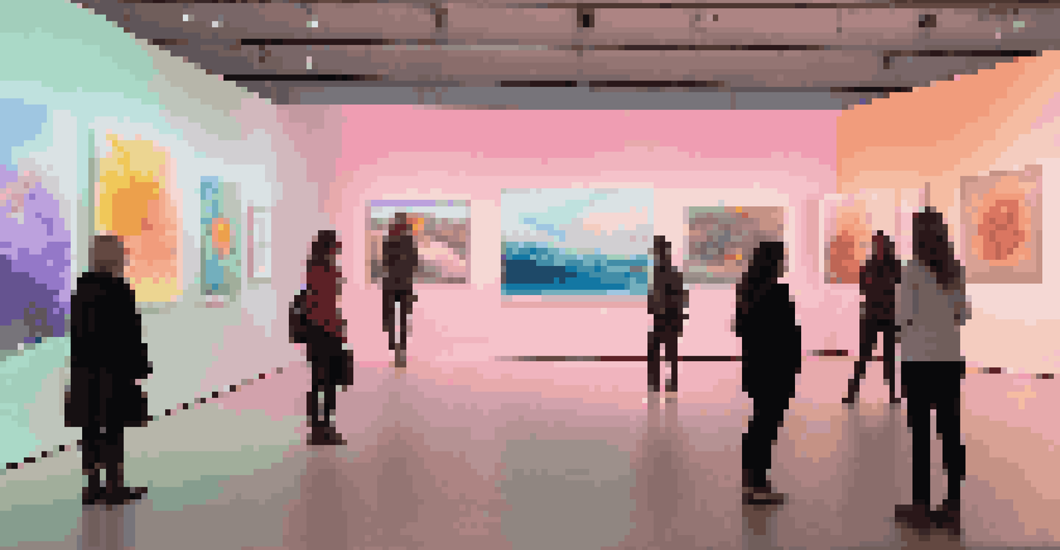A virtual gallery with interactive digital art pieces and visitors exploring the space.
