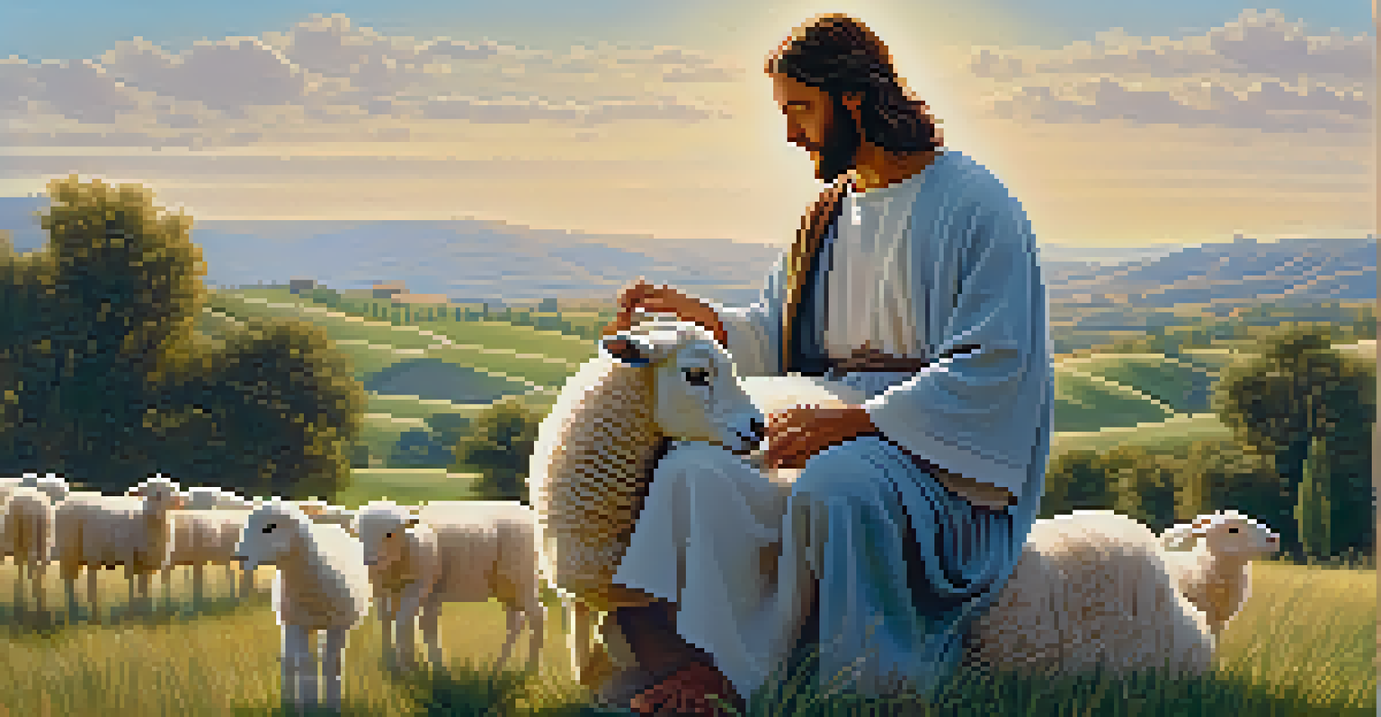 A depiction of Jesus as the Good Shepherd, holding a lamb in a pastoral setting with rolling hills and a clear sky.