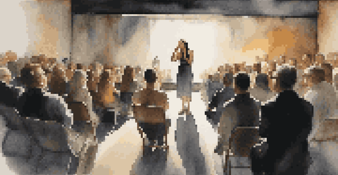 A performance artist surrounded by an engaged audience, showcasing vulnerability and strength under dramatic lighting.