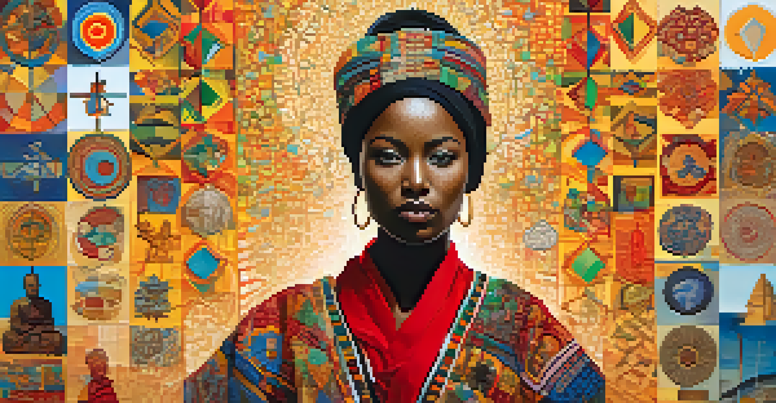 A digital collage illustrating themes of identity with a central silhouette surrounded by cultural symbols and vibrant colors, showcasing diversity.