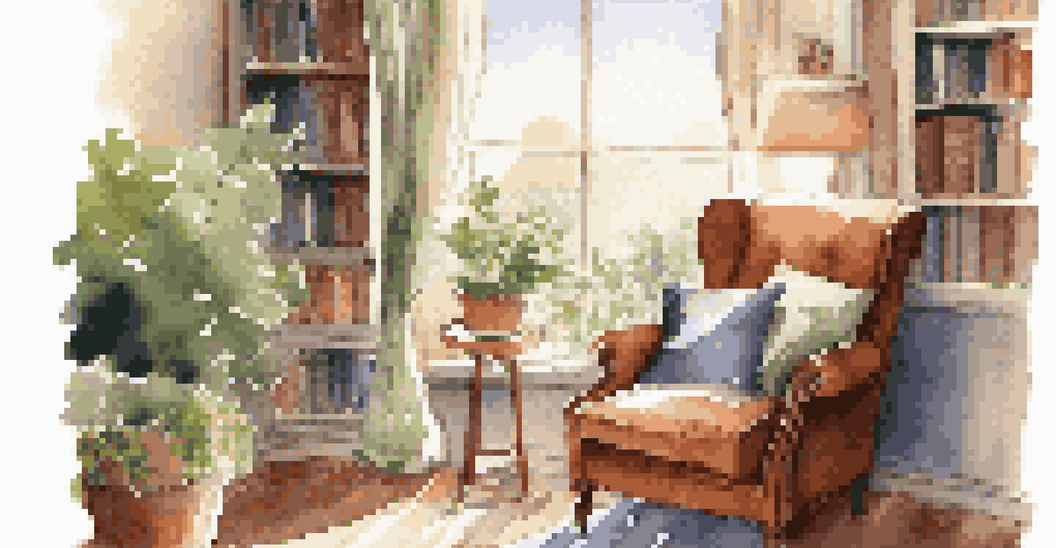 A cozy reading nook with an armchair, books, and sunlight streaming through a window.