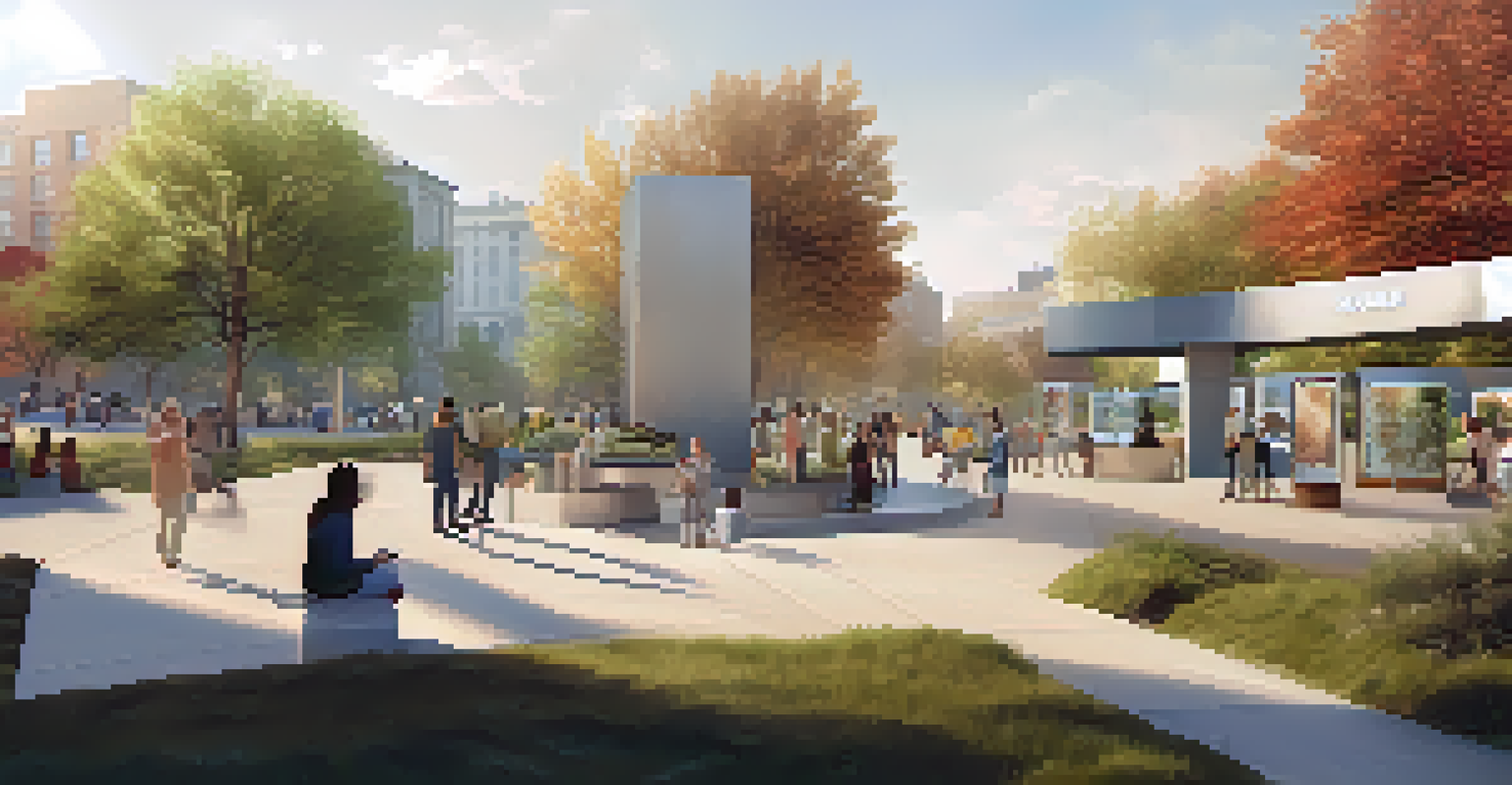 A contemporary city square featuring art installations, trees, and a digital kiosk, illuminated by soft evening light, inviting social interactions.