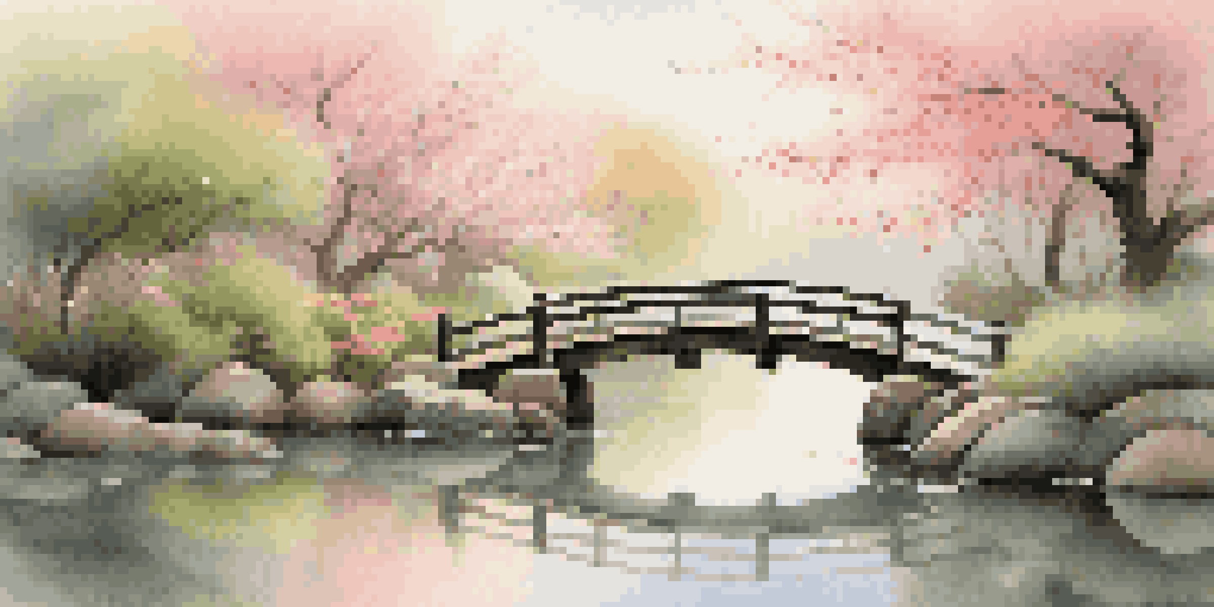 A tranquil Japanese garden at dawn with cherry blossoms, a koi pond, and a wooden bridge, bathed in soft morning light.