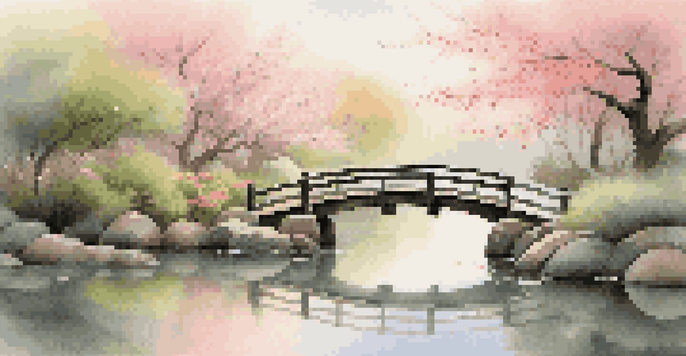 A tranquil Japanese garden at dawn with cherry blossoms, a koi pond, and a wooden bridge, bathed in soft morning light.