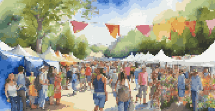 An outdoor art festival with colorful tents, diverse artists, and a crowd engaging with various artworks under a bright sky.